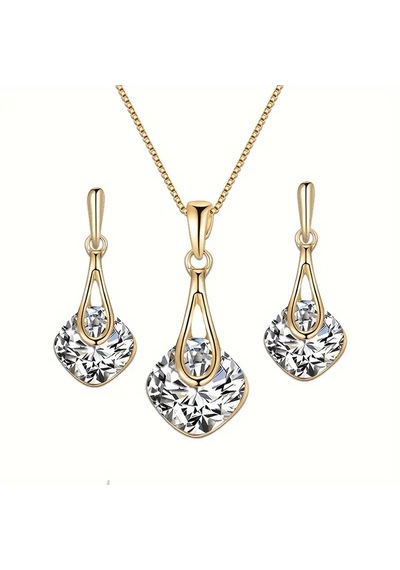Kristal Taşlı, Takı Seti Kolye Küpe , Yeni Yıl,, Ahşap Kutu İçerisinde Gold