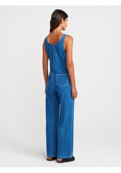 Dilvin 71809 İnce Kumaş Salaş Denim Tulum-mavi Mavi