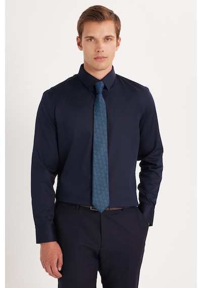 Tudors Erkek Slim Fit Premium Likralı Pamuk Saten Lacivert Gömlek-35742 Lacivert