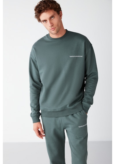Grimelange Raırok  Erkek Içi Polarlı Comfort Oversize Nakışlı Koyu Yeşil Sweatshirt