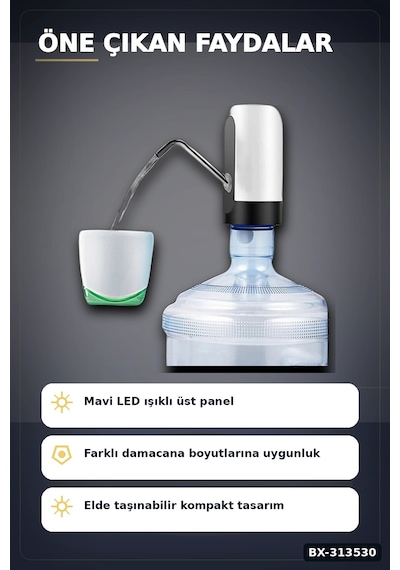 Şarjlı 304 Paslanmaz Çelik Damacana Su Pompası - Usb Şarjlı Otomatik Sebil, Mutfak İçin Bx-313530 Renkli