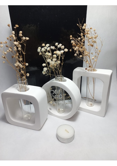 Modern Sanat Esintili, Dikdörtgen-kare-yuvarlak Formlu, Cam Tüplü Dekoratif 3'lü Vazo Set Beyaz