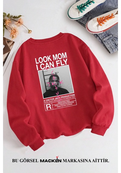 Macklin Unisex Kadın Erkek Travis Scott Cactus Jack Özel Tasarım Baskılı Bisiklet Yaka Sweatshirt Kırmızı1 Mck1298 Kırmızı