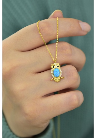 Papatya Silver 925 Ayar Gümüş Gold Kaplama Opal Baykuş Kolye