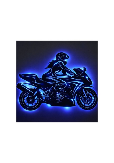 Lucenda Led Işıklı Kadın Motorcu Silüet Tablo Modern Motosiklet Duvar Dekoru Mavi - 865124191 Mavi