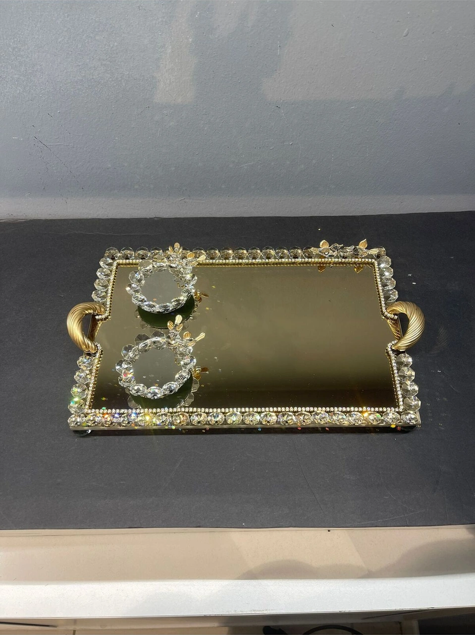Dekoratif Kristal Cam Ayna Dikdörtgen Sunum Tepsisi Gold