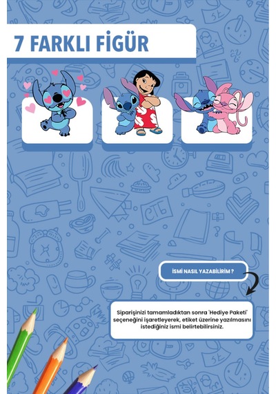İsim Yazılabilir Stitch Temalı Kişiye Özel Okul Etiketi Kalem & Defter İçin 200 Adet Çoklu