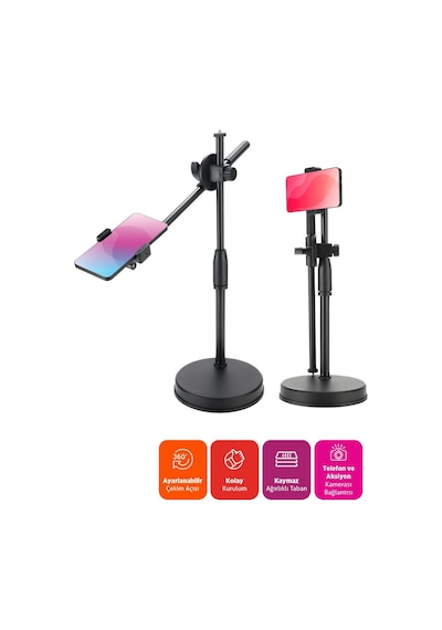 Polosmart Psm139 Masaüstü Tripod 360 Döner Telefon Tutucu Ring Light Uyumlu Siyah