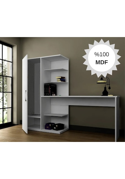 Mdf Narin Raflı Dolaplı Çalışma Masası Beyaz Dolap Solda 1 Beyaz