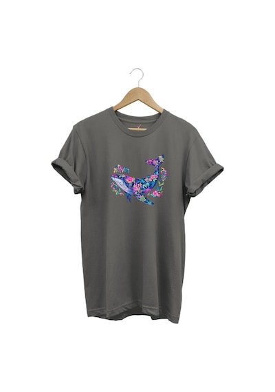 Renkli Balık Balina Desenli Baskılı %100 Pamuk Regular Fit Unisex T-shirt Gri