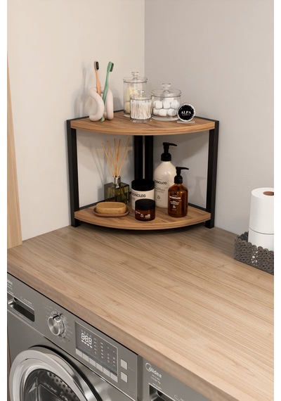 İki Raflı Banyo Köşe Oval Düzenleyici Organizer Raf Metal Gövdeli Çok Amaçlı Banyo Standı Atlantik Çam