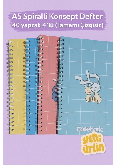 A5 Spiralli Konsept Defter 40 Yaprak 4'lü Tamamı Çizgisiz