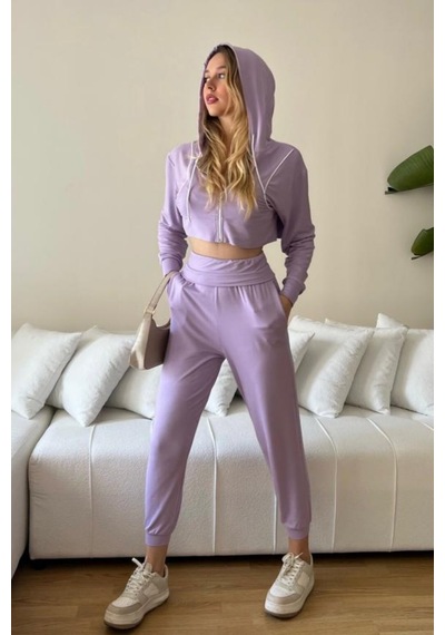 Penyebizden Kadın Viskon Kapşonlu Oversize Crop Sweatshirt-lila