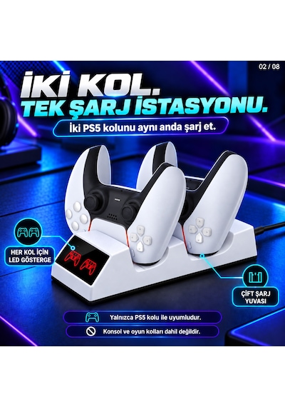 Dexxony Tp5-0508b Ps5 Uyumlu Çift Oyun Kolu Şarj İstasyonu Led Göstergeli Type-c Beyaz