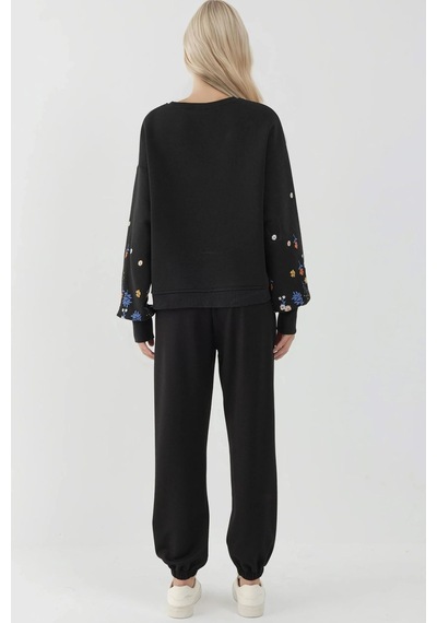 Hiccup Baskılı Uzun Kollu Yuvarlak Yaka Sweatshirt Siyah