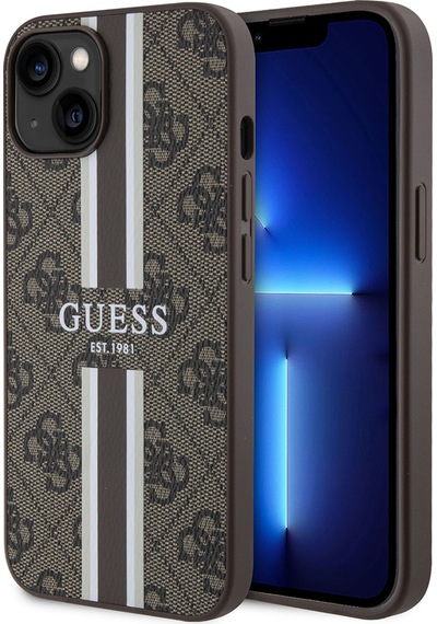 Apple Uyumlu iPhone 14 Kılıf Guess Lisanslı Magsafe Şarj Özellikli 4g Şerit Tasarımlı Printed Kapak Kahverengi