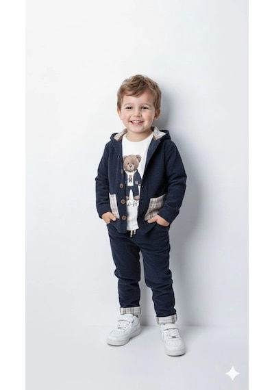 Bontino Erkek Çocuk %100 Pamuk Kadife Hırka, Pantolon Ve Ayıcık Baskılı Sweatli 3'lü Premium Seri Lacivert Bontino Erkek Çocuk %100 Pamuk Kadife Hırka, Pantolon Ve Ayıcık Baskılı Sweatli 3'lü Premium Seri Lacivert