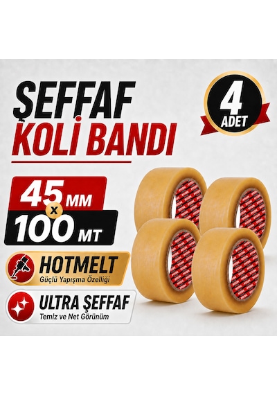 Sanplaza Şeffaf Hotmelt Koli Bandı 45 Mm X 100 Mt Güçlü Yapışkanlı Paketleme Ambalaj Bandı 4 Adet