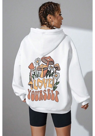 Uyguntarz Unisex Oversize Love Yourself Baskılı Sweatshirt beyaz