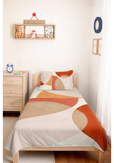 Turuncu Geometrik Genç Odası Tek Kişilik Pike Takımı - Modern Bej 160x220 Cm Kapitone Yatak Örtüsü Narin İpek Zemini