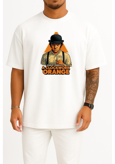 Bahriyeli Collection Oversize A Clockwork Orange Göğüs Tasarımlı Unisex T-shirt Beyaz