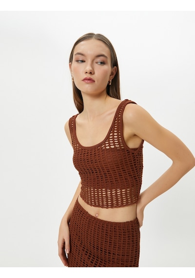 Koton Fileli Crop Atlet Kalın Askılı U Yaka Slim Fit Kahverengi 4sal30063ık 4SAL30063IK501 Kahve