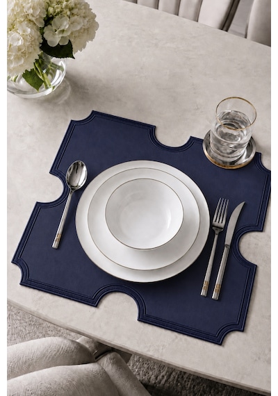 Nakışlı Deri Amerikan Servis 2'li Set Çift Taraflı Kare Supla 45x45 Cm Otis Lacivert