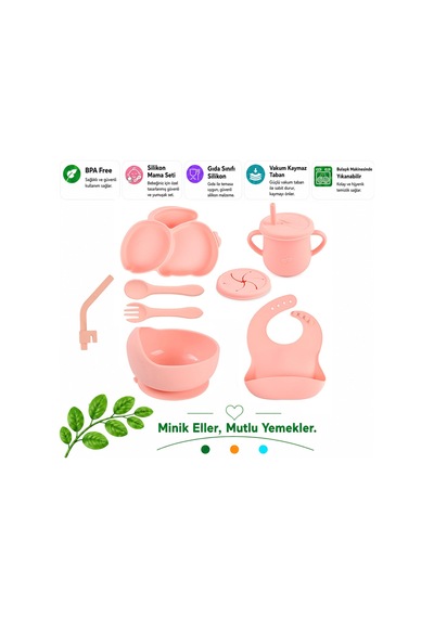 Jojobebek Silikon Beslenme Seti Vakumlu Silikon Mama Tabağı, Mama Kasesi, Önlük, Kaşık, Pipetli Bardak