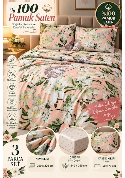 Slc Home %100 Pamuk Saten Şık Tasarım Çift Kişilik Nevresim Takımı 4 Parça Pembe Gül Pembe - 938601430 Pembe