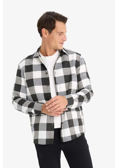 Defacto Regular Fit Polo Yaka Pamuklu Kareli Uzun Kollu Gömlek D6145AX25SP Siyah