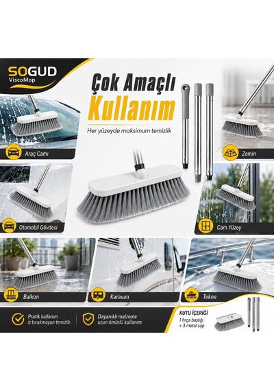 Viscomop Oto Yıkama Fırçası - Cam Çekli Araç Temizlik Seti, 3 Parçalı Metal Sap, Yumuşak Kıllı Çekçek, Arab Diğer