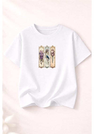 Herkesemoda Vintage Çiçek Ve Kuş Baskılı Bisiklet Yaka Pamuklu Basic T-shirt Beyaz