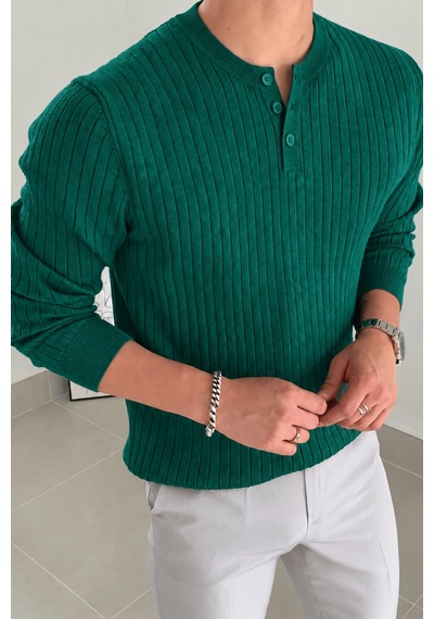 Genius Store Erkek Fitilli Henley Yaka Triko Kazak Regular Fit Düğmeli Kazak Henley-yaka Nefti