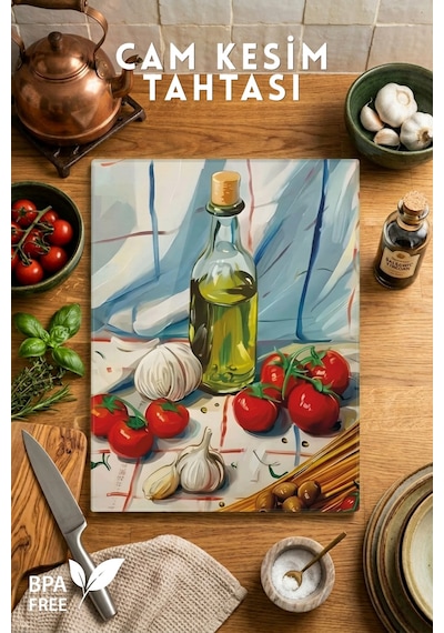 İtalyan Mutfak Desenli Cam Kesim Tahtası - 25x35cm -dayanıklı Ve Pratik Kesim Matı Çok Renkli