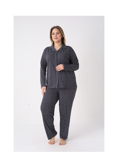 Estiva Kadın Yıldız Desenli Lacivert Önden Düğmeli Soft Battal Pijama Takımı Çok renkli