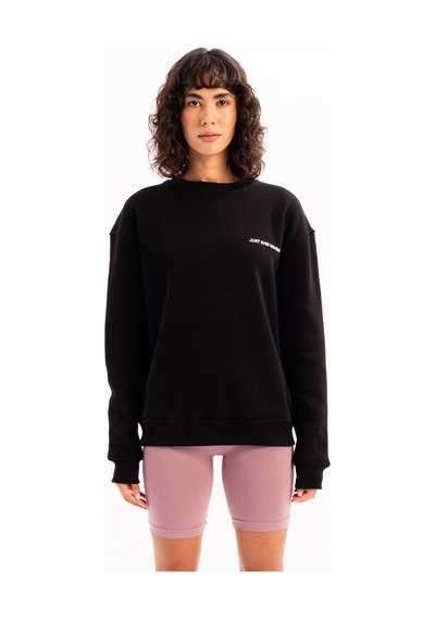 Justever Bisiklet Yaka Nakışlı Şardonlu İçi Polarlı Siyah Kadın Sweatshirt - Rigil Siyah