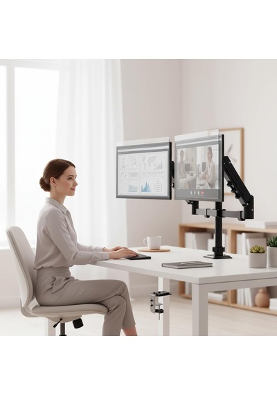 17 32 İnç Amortisörlü Çiftli Pivot Monitör Kolu, Gazlı Yaylı, 2 9 Kg, Çift Montaj Seçeneği Sıkıştırma Ve Vidalama, 360 Döner, Vesa Uyumlu Stant, M02, Siyah