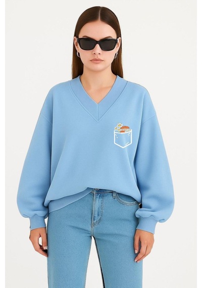 Benroma Cep Papatya Baskılı Ünisex V Yaka Sweatshirt Bebe Mavisi