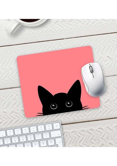 Açık Kırmızı Renk Kedi Baskılı Mouse Pad 23x19cm Fare Altlığı Kaydırmaz Taban Mousepad