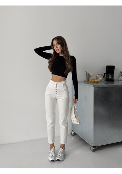 Kadın Beyaz Patlet Düğmeli Kemer Büzgülü Mom Jeans Beyaz