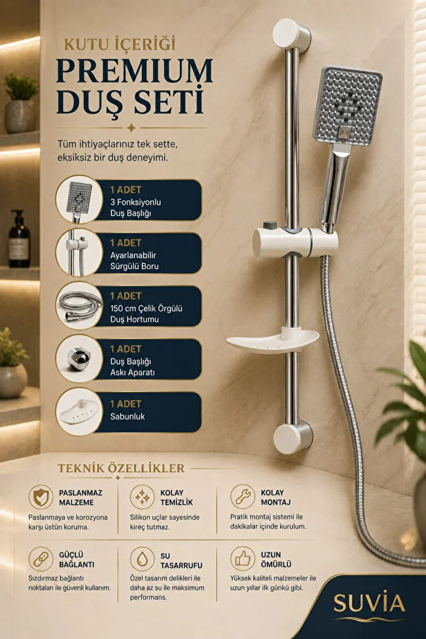 Sürgülü Duş Seti 3 Fonksiyonlu Başlık 150 Cm Hortum Duş Sistemi Beyaz - Mavi