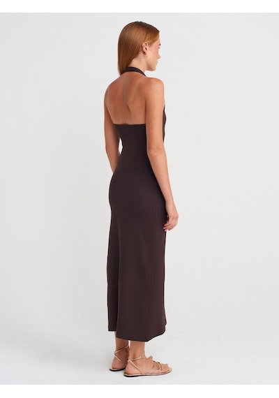 Dilvin 91476 Halter Yaka Midi Elbise-koyu Kahve Koyu Kahve