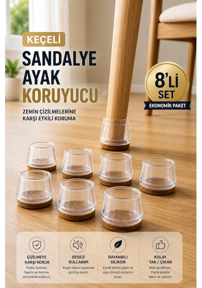 8 Li Keçeli Şeffaf Silikon Sandalye Ayak Koruyucu Sessiz Zemin Çizmez L Beden 30mm