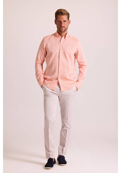 Erkek Turuncu Yaka Düğmeli Slim Fit Keten Gömlek