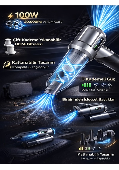 Çantalı 20000pa 6000mah Araç İçi Süpürge 100w Katlanabilir Şarjlı Vakum Üfleme Fonksiyonlu Gri
