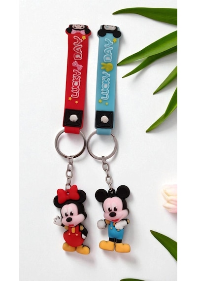 2 Li Mickey Ve Minnie Mouse Temalı Çift Anahtarlık Seti - Silikon Figürlü Ve Çanta Aksesuar