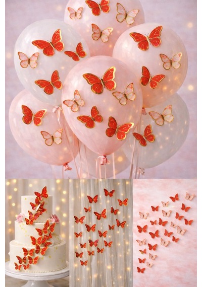 63 Adet Kırmızı 3d Kelebek Süs Seti 4 - 6 CM Yapışkan Dahil Balon Pasta Duvar Dekoru