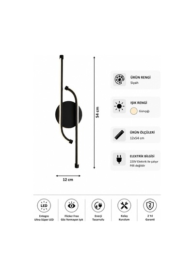 AvizeGO Unis Modern Led Duvar Apliği Günışığı Siyah