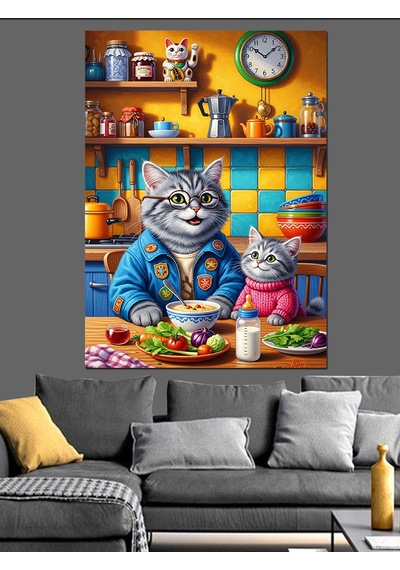 Ahşap Tablo Kedi Aşçı Yemek Yapıyor