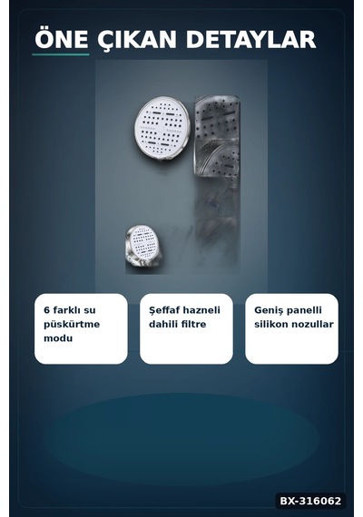 Filtreli Duş Başlığı 6 Kademeli Su Püskürtme Geniş Panel Silikon Nozullu Beyaz Bx-316062 Diğer